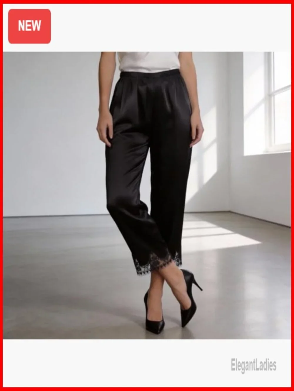 Satin Lace Trim Wide Leg Pajama Bottoms Elastic Waist Lounge Pants